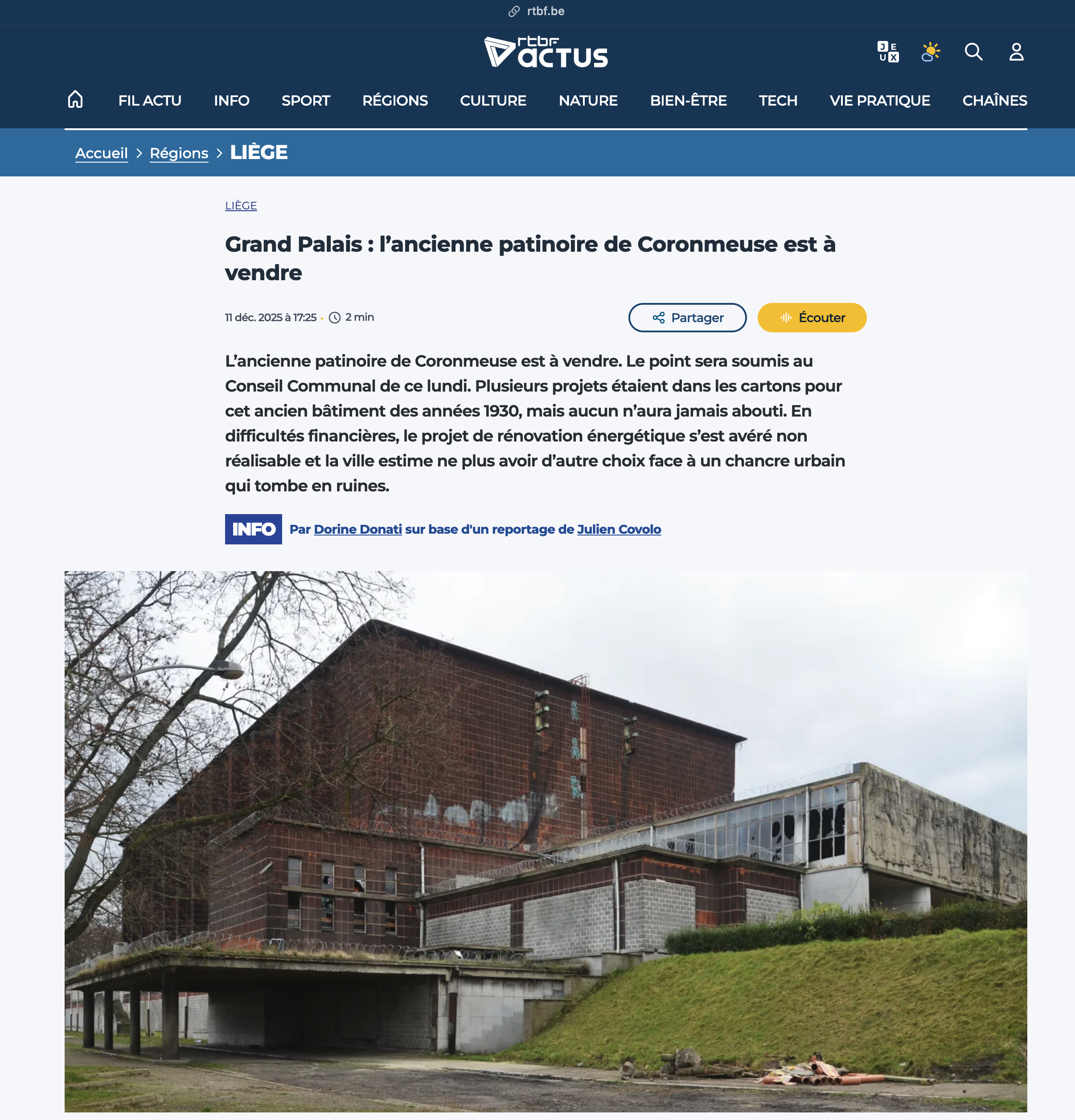 Grand Palais : l’ancienne patinoire de Coronmeuse est à vendre – RTBF